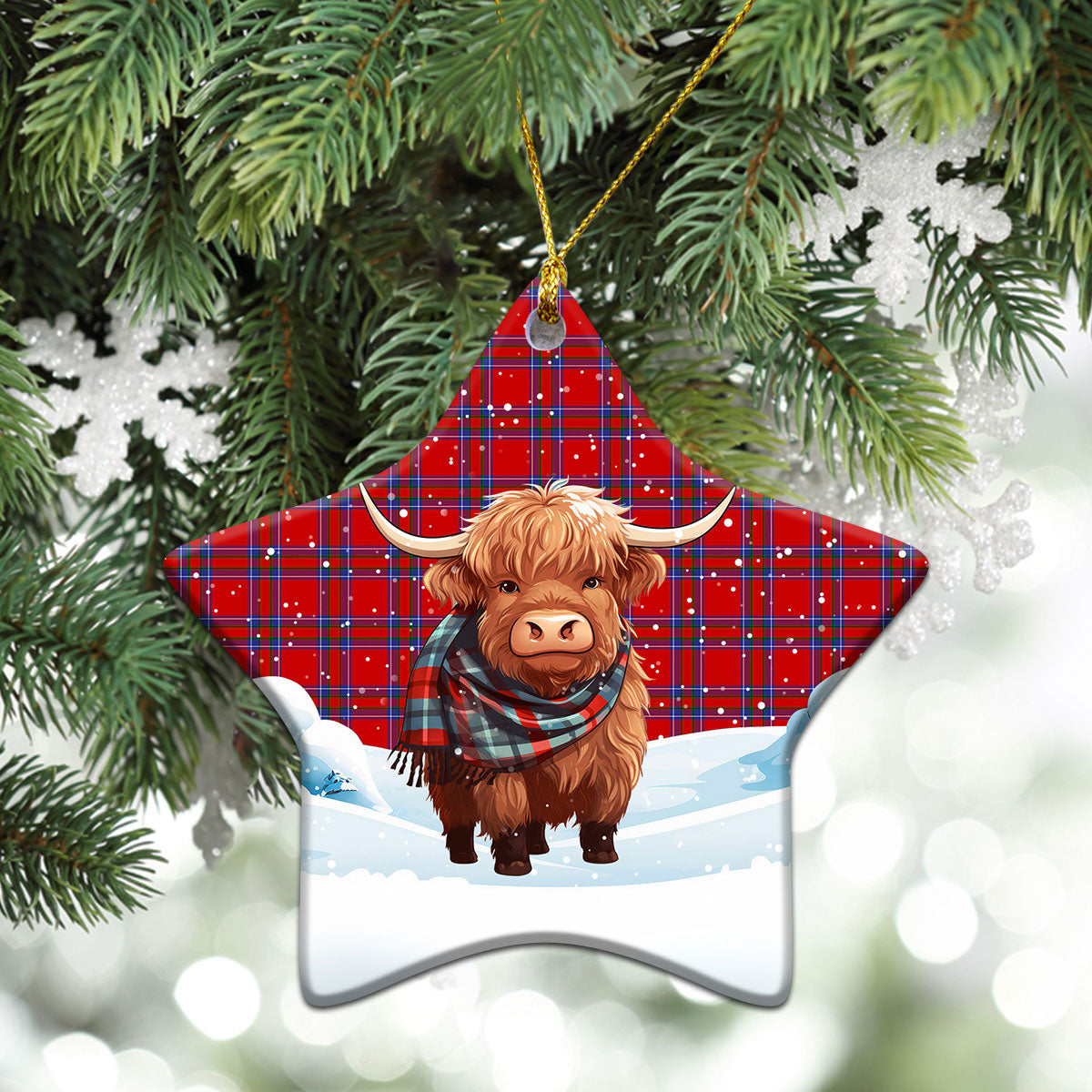 Rait Tartan Christmas Ceramic Ornament - Highland Cows Snow Style