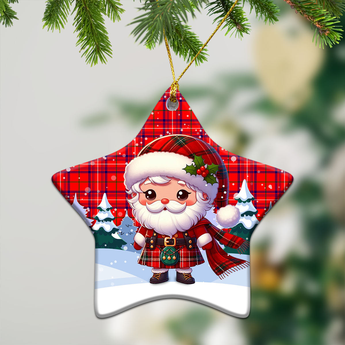 Rose Modern Tartan Christmas Ceramic Ornament - Santa Claus In Kilt Style