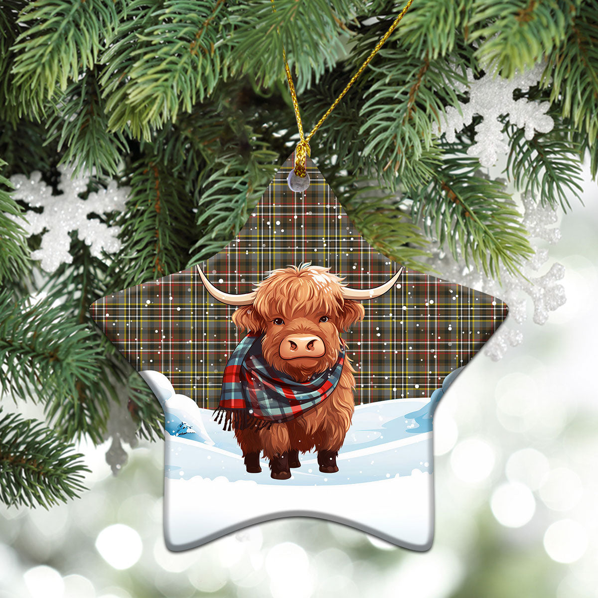 Scott Green Weathered Tartan Christmas Ceramic Ornament - Highland Cows Snow Style