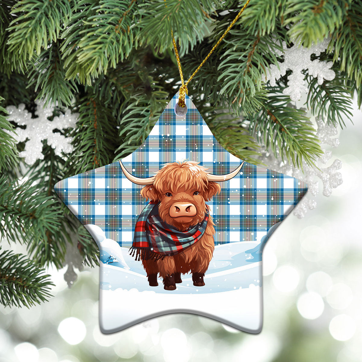 Stewart Muted Blue Tartan Christmas Ceramic Ornament - Highland Cows Snow Style