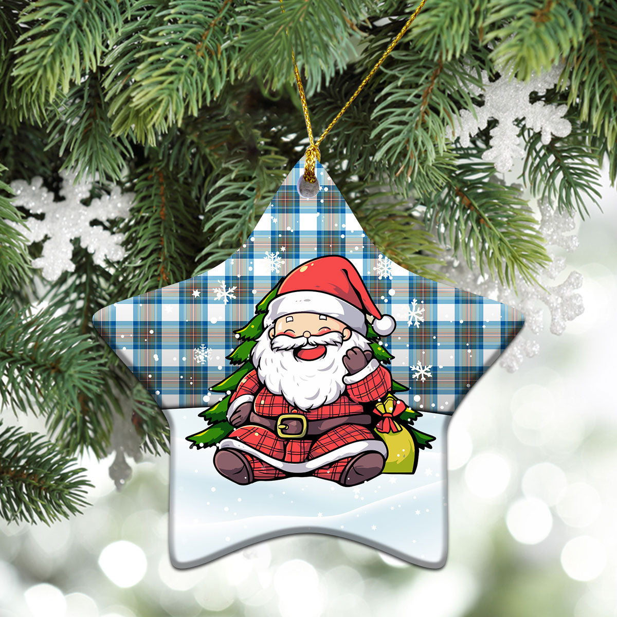 Stewart Muted Blue Tartan Christmas Ceramic Ornament - Scottish Santa Style