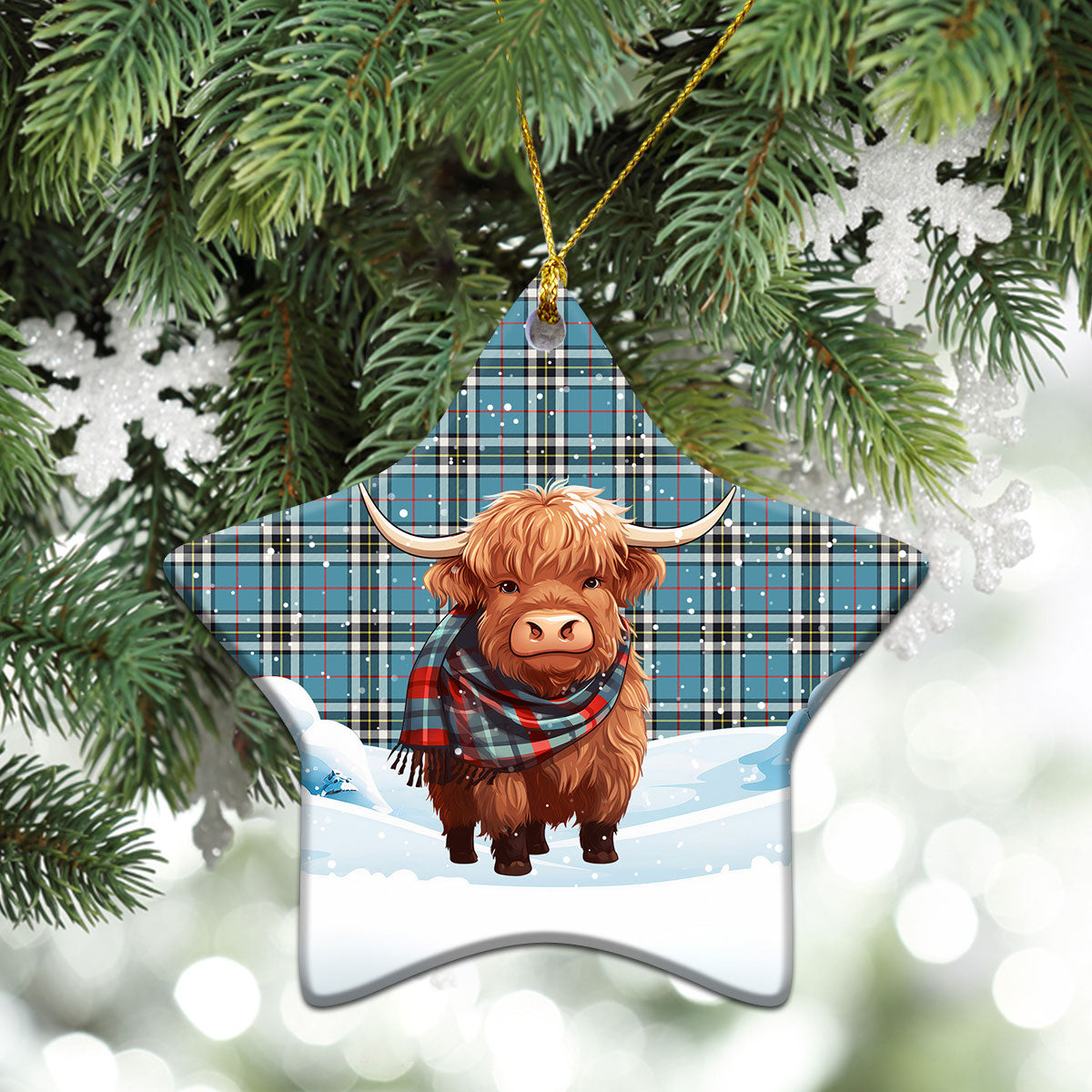 Thomson Blue Tartan Christmas Ceramic Ornament - Highland Cows Snow Style