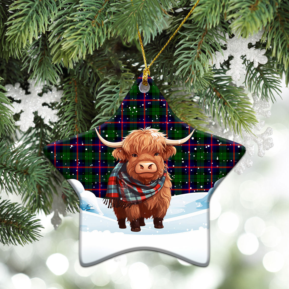 Urquhart Modern Tartan Christmas Ceramic Ornament - Highland Cows Snow Style