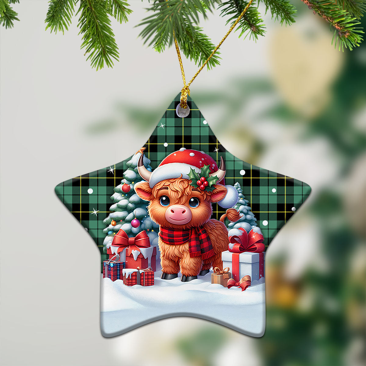 Wallace Hunting Ancient Tartan Christmas Ceramic Ornament - Highland Cow Winter Style