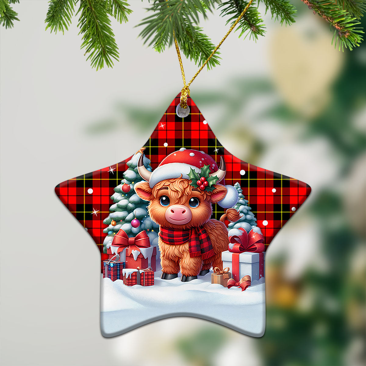 Wallace Hunting Red Tartan Christmas Ceramic Ornament - Highland Cow Winter Style