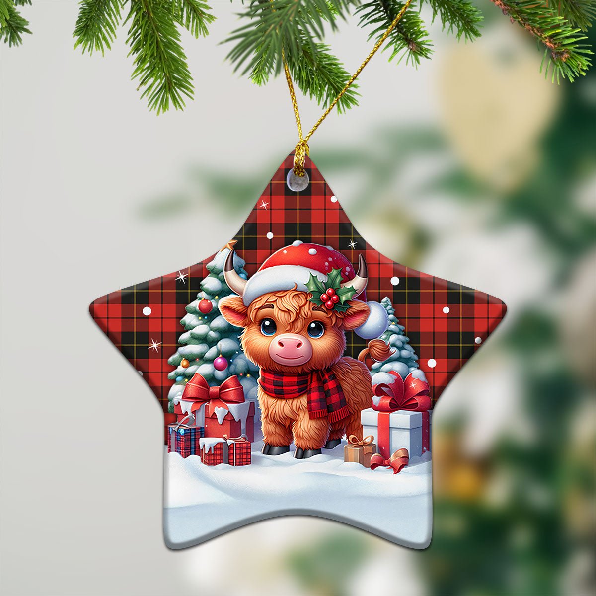 Wallace Weathered Tartan Christmas Ceramic Ornament - Highland Cow Winter Style