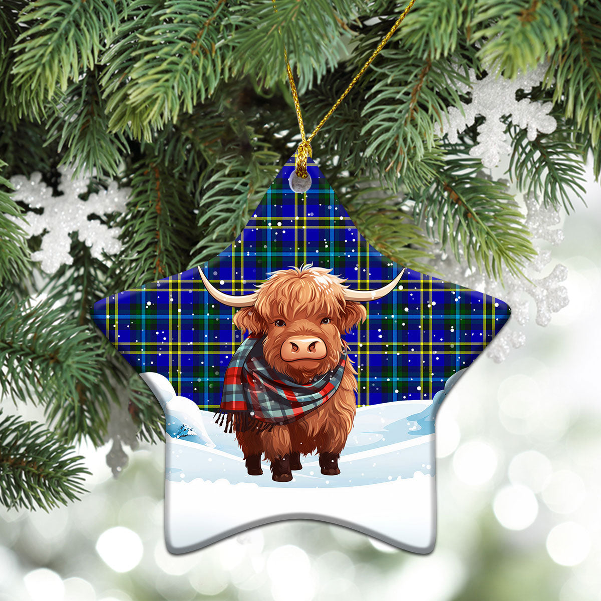 Weir Modern Tartan Christmas Ceramic Ornament - Highland Cows Snow Style