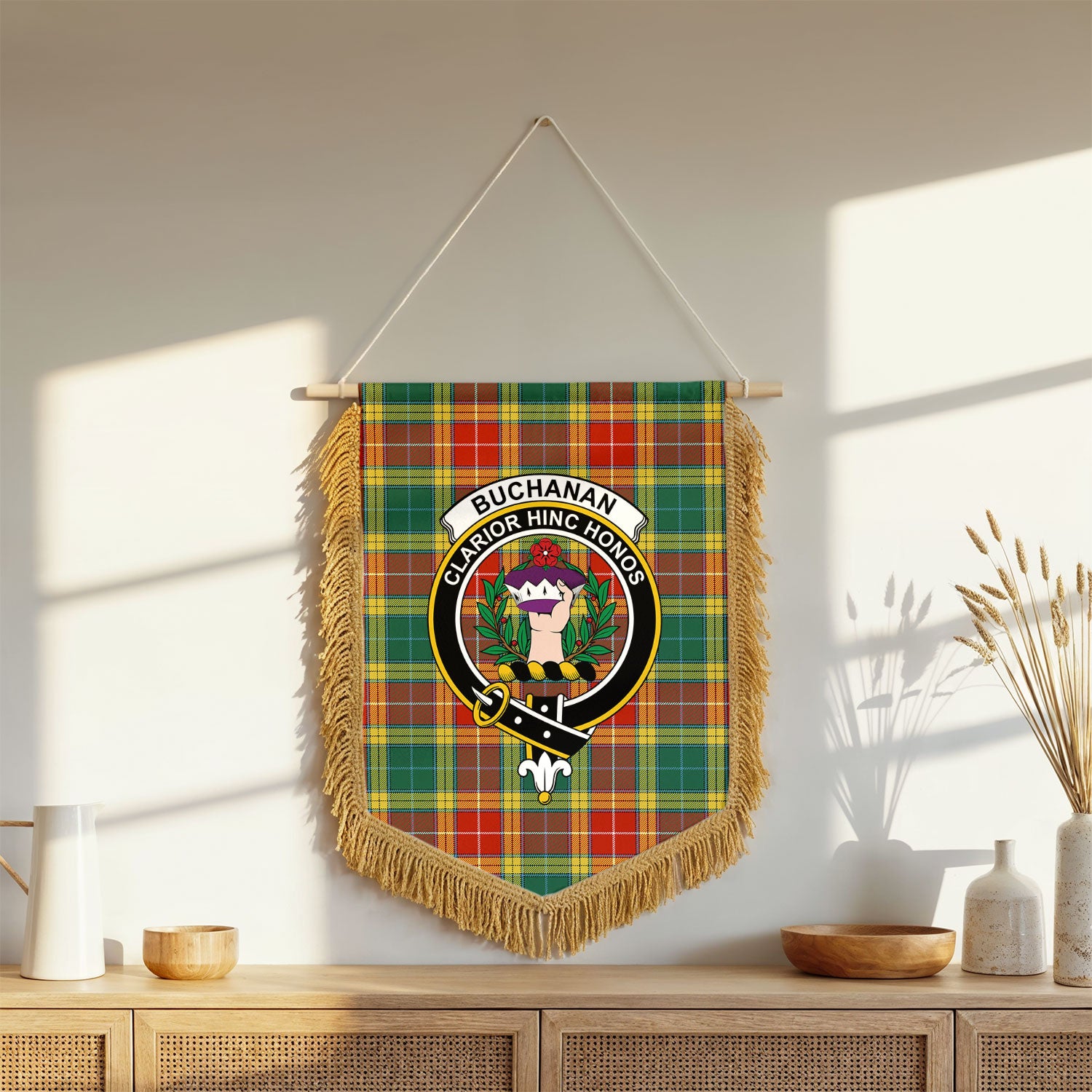 Buchanan Old Sett Tartan Crest Wall Hanging Banner - Wood Pole
