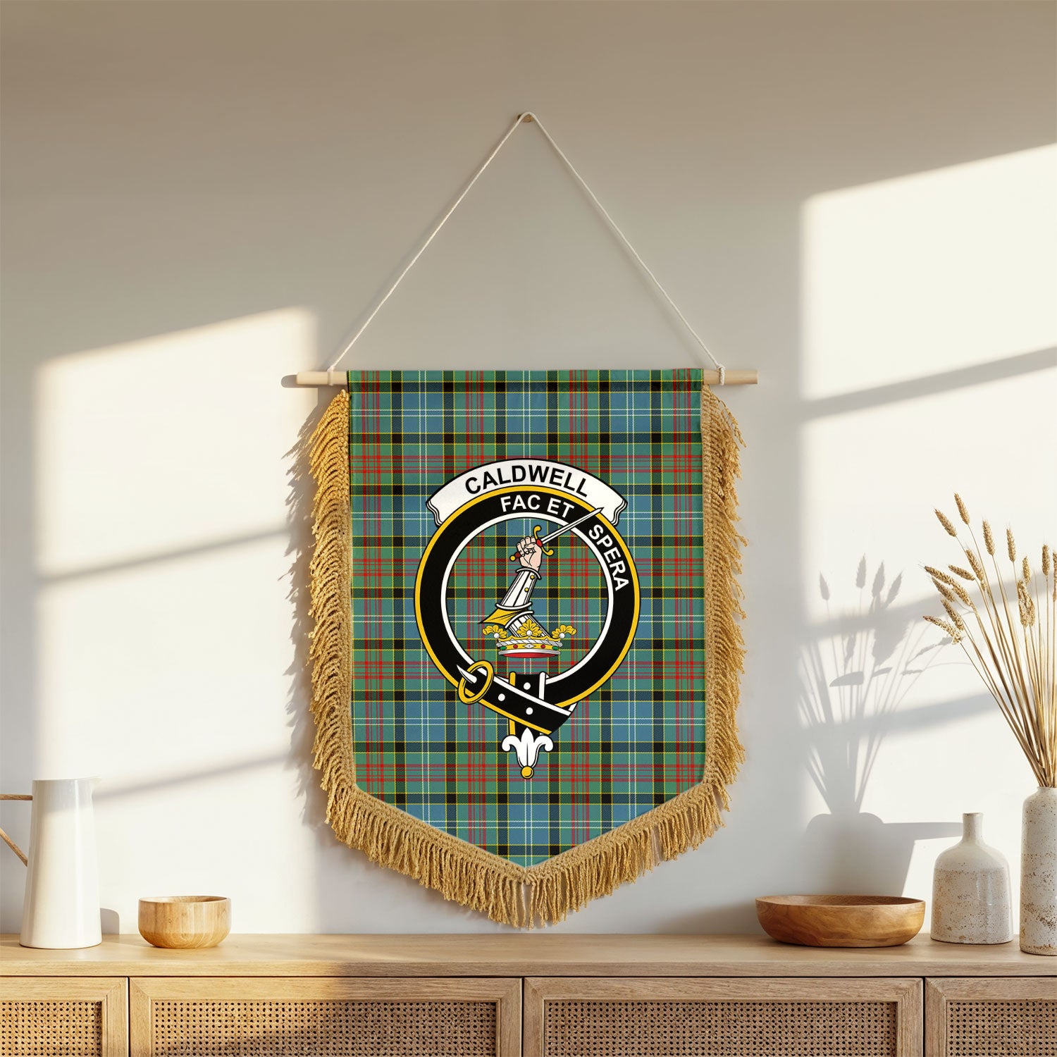 Caldwell Tartan Crest Wall Hanging Banner - Wood Pole