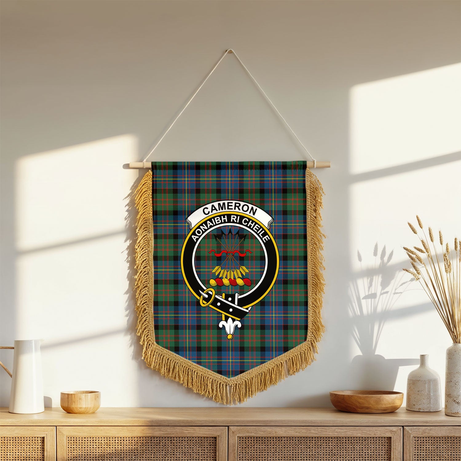 Cameron of Erracht Ancient Tartan Crest Wall Hanging Banner - Wood Pole