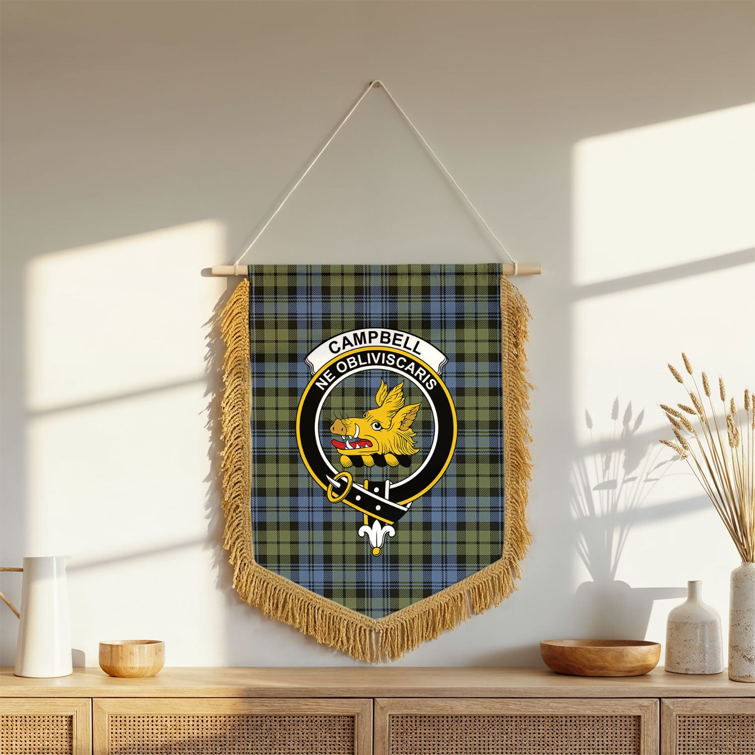 Campbell Faded Tartan Crest Wall Hanging Banner - Wood Pole