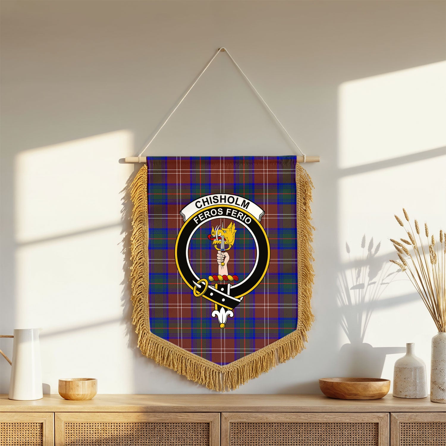 Chisholm Hunting Modern Tartan Crest Wall Hanging Banner - Wood Pole