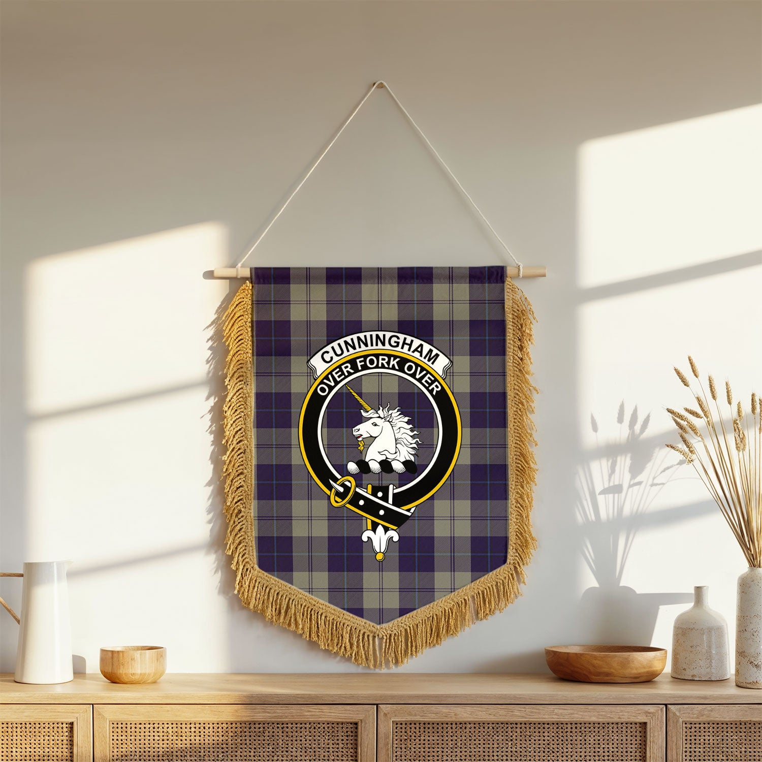 Cunningham Dress Blue Dancers Tartan Crest Wall Hanging Banner - Wood Pole