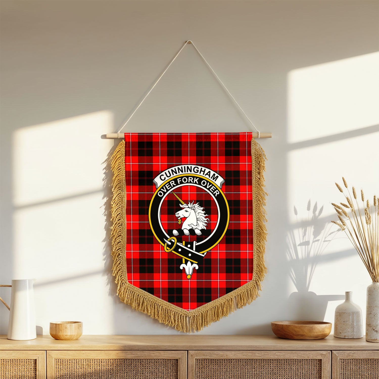 Cunningham Modern Tartan Crest Wall Hanging Banner - Wood Pole