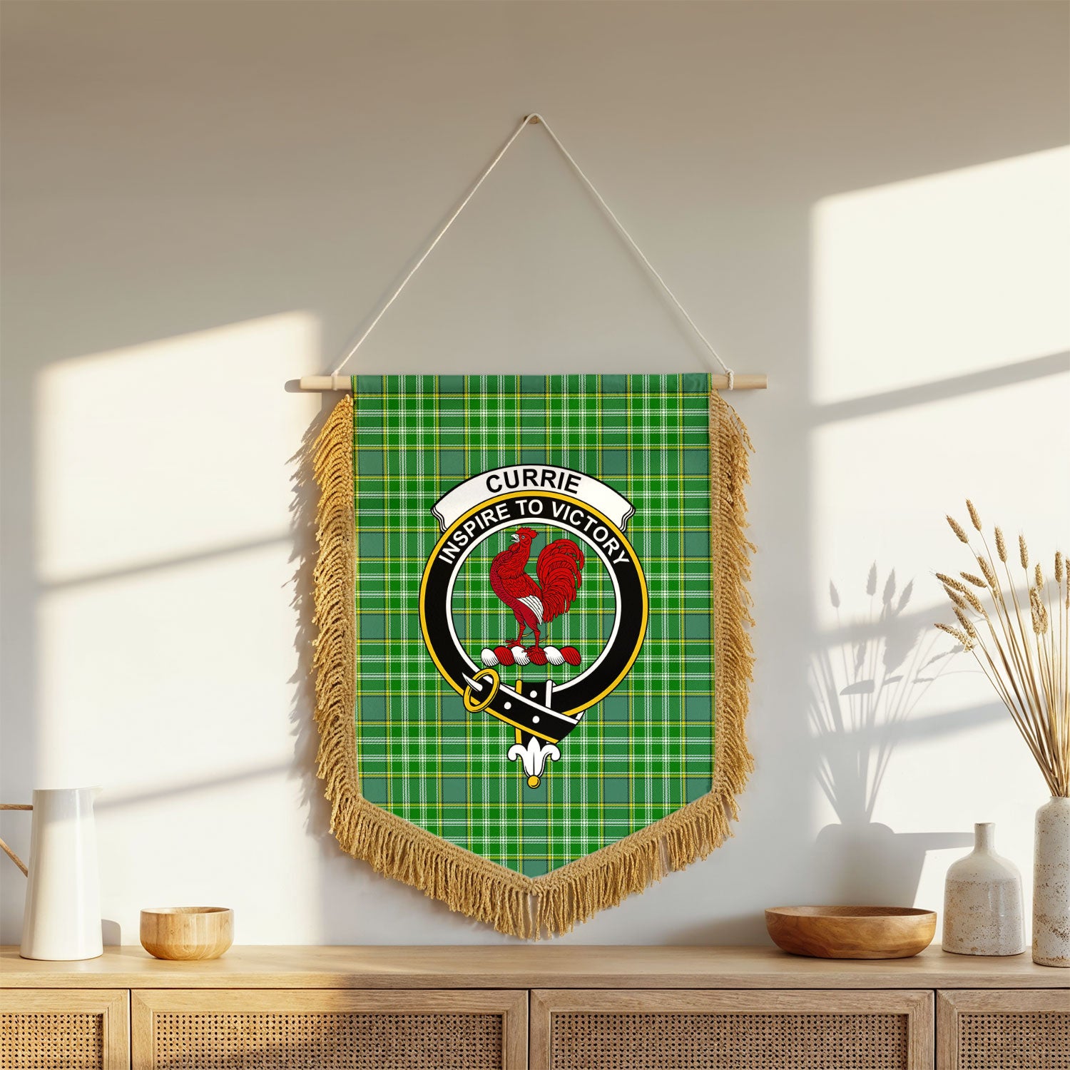 Currie Tartan Crest Wall Hanging Banner - Wood Pole
