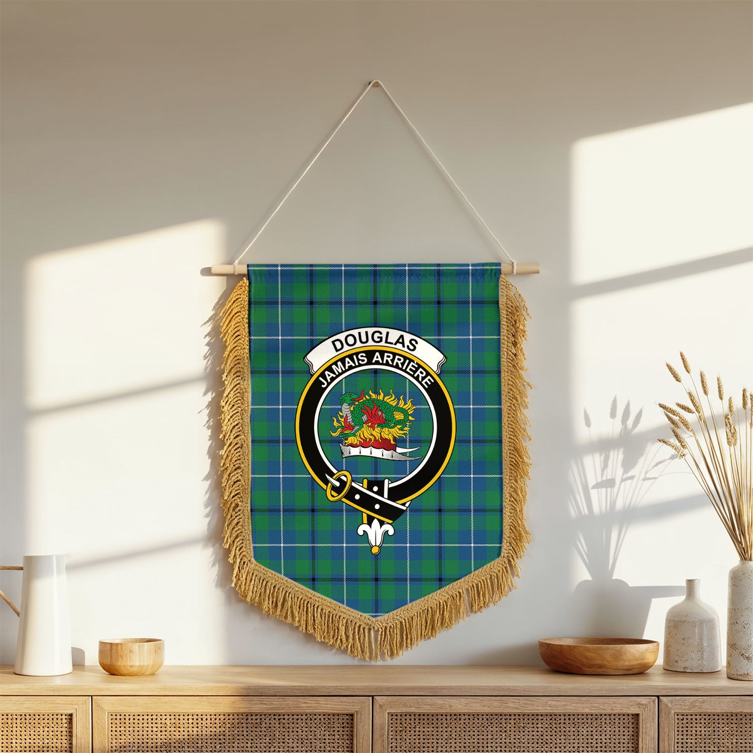Douglas Ancient Tartan Crest Wall Hanging Banner - Wood Pole