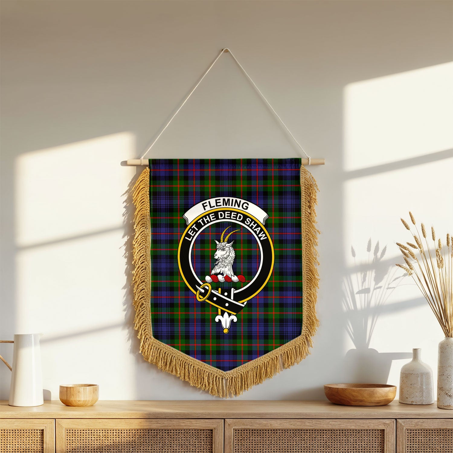 Fleming Tartan Crest Wall Hanging Banner - Wood Pole