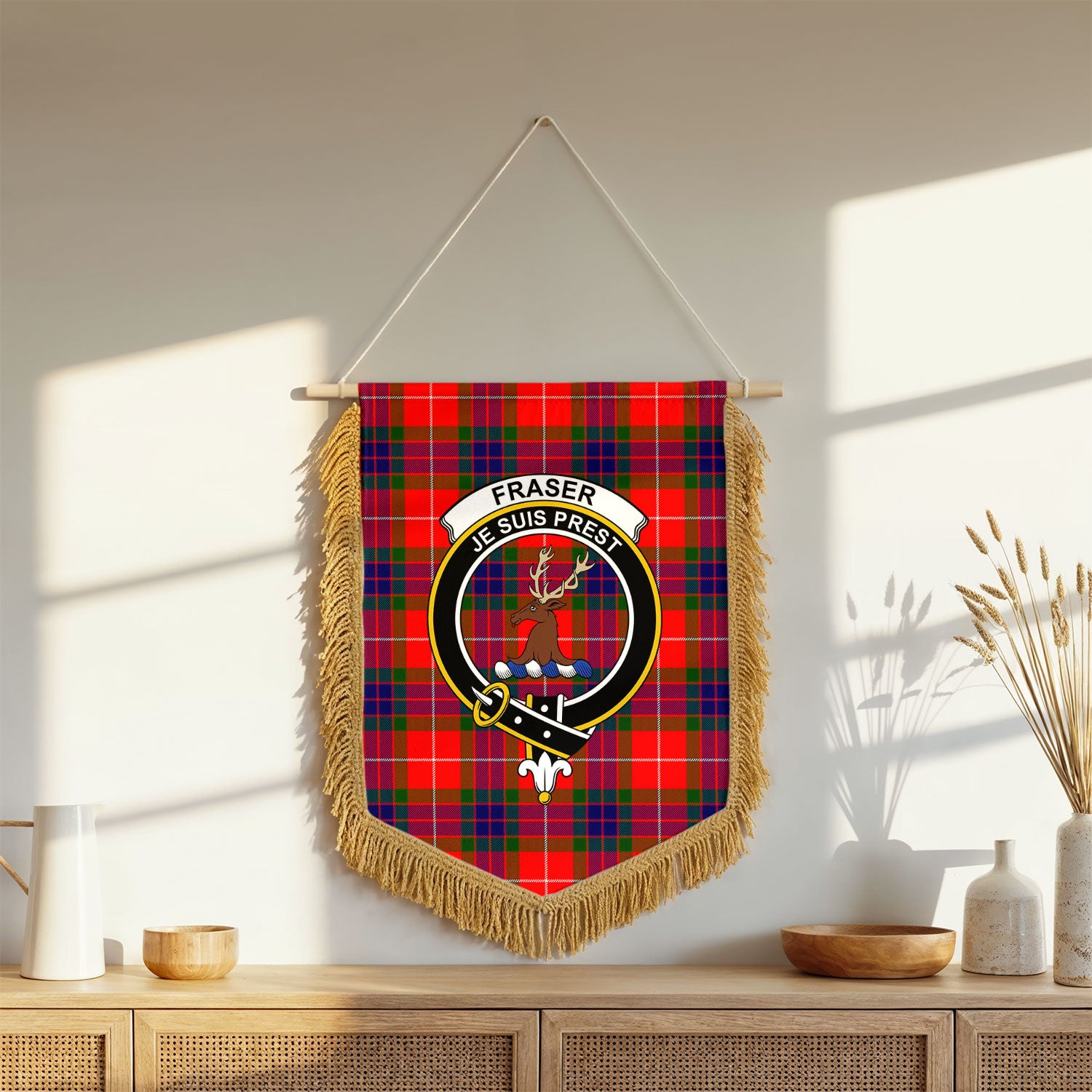Fraser (of Lovat) Modern Tartan Crest Wall Hanging Banner - Wood Pole