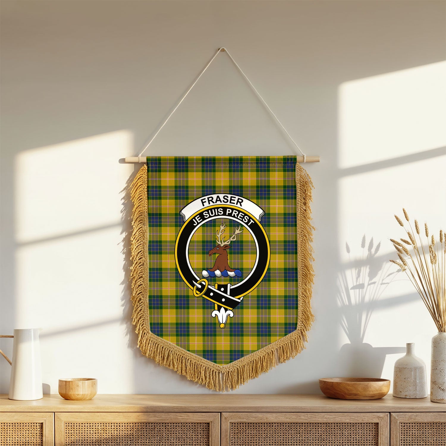 Fraser (of Lovat) Yellow Tartan Crest Wall Hanging Banner - Wood Pole