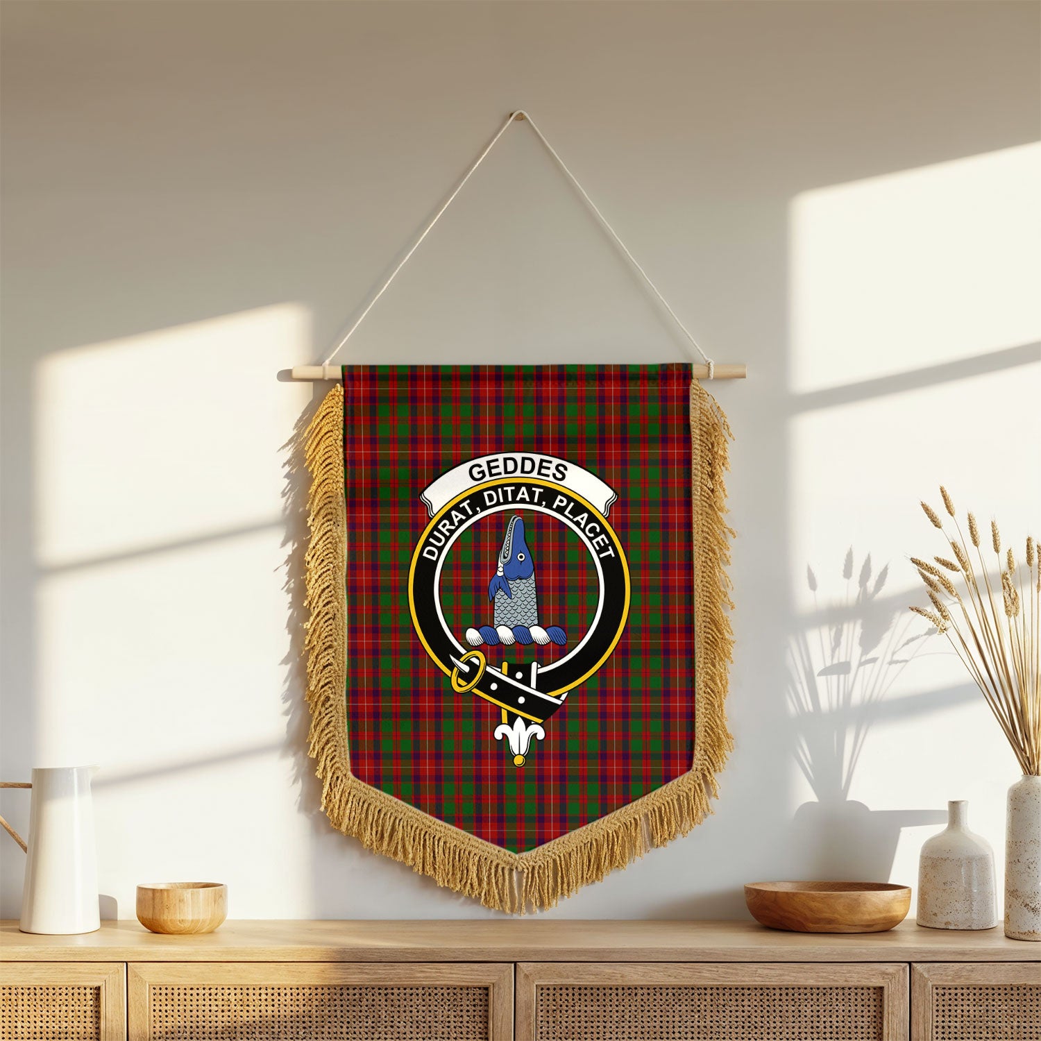 Geddes Tartan Crest Wall Hanging Banner - Wood Pole
