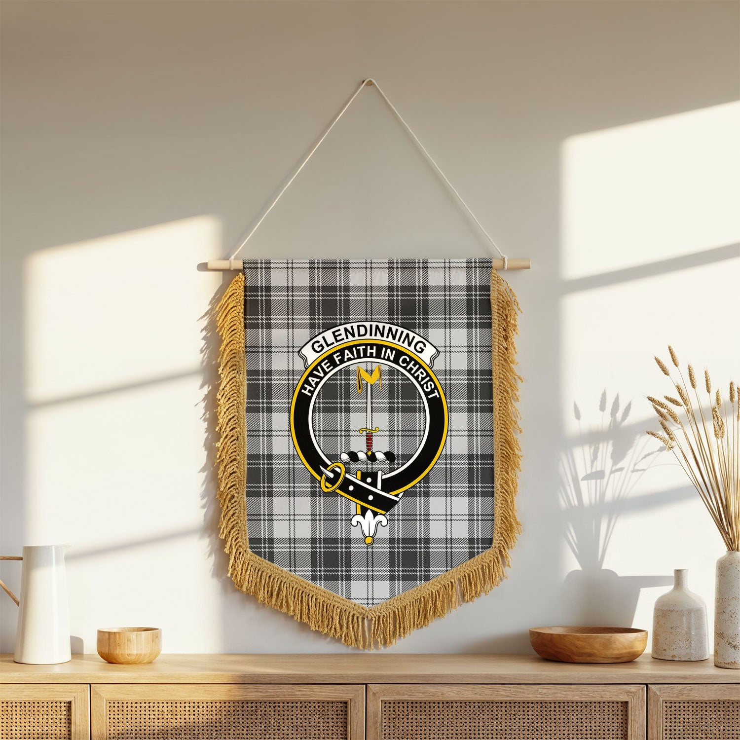 Glendinning Tartan Crest Wall Hanging Banner - Wood Pole