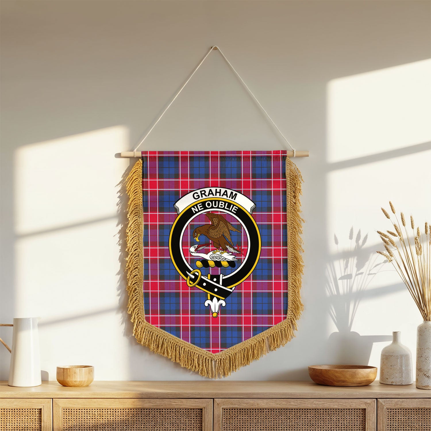Graham of Menteith Red Tartan Crest Wall Hanging Banner - Wood Pole