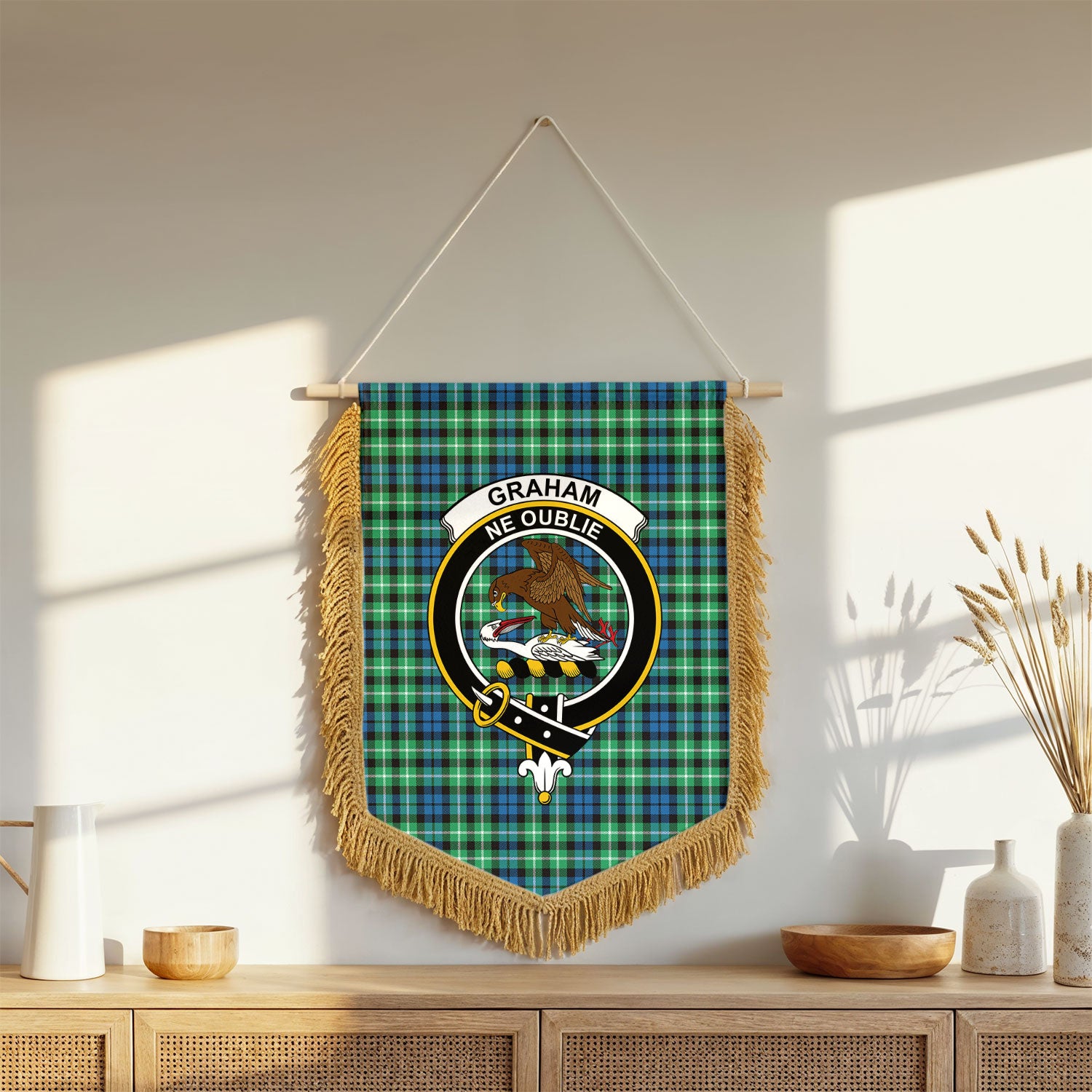 Graham of Montrose Ancient Tartan Crest Wall Hanging Banner - Wood Pole