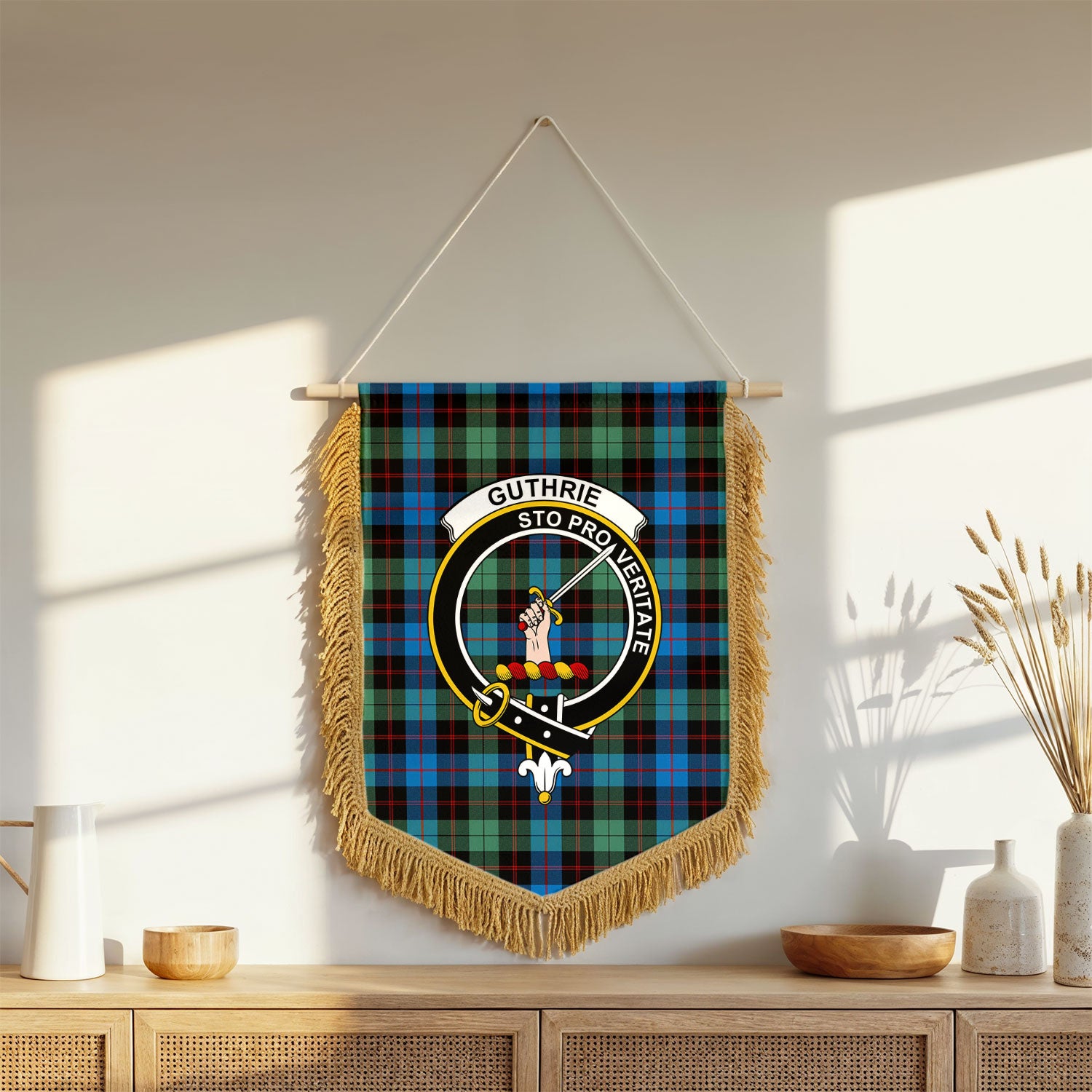 Guthrie Ancient Tartan Crest Wall Hanging Banner - Wood Pole
