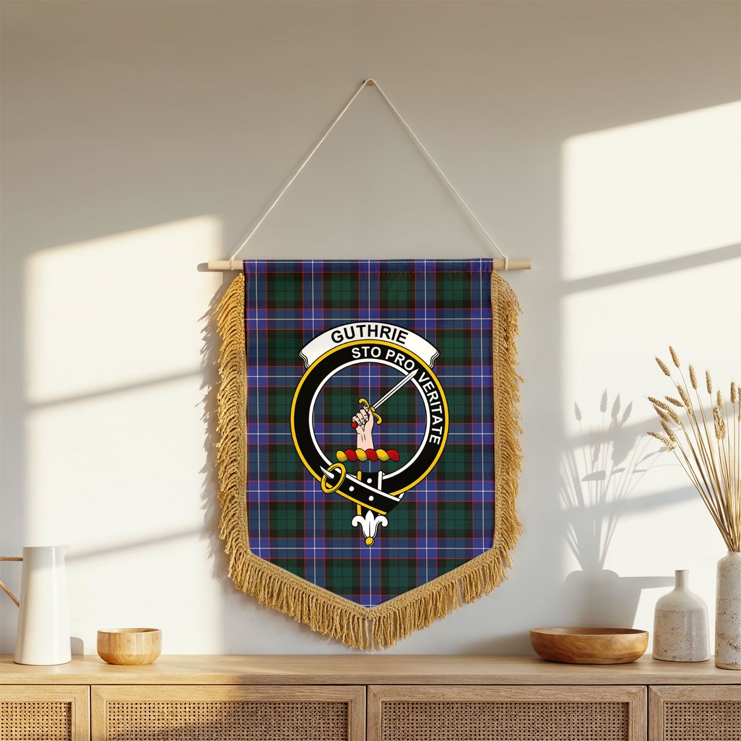 Guthrie Modern Tartan Crest Wall Hanging Banner - Wood Pole