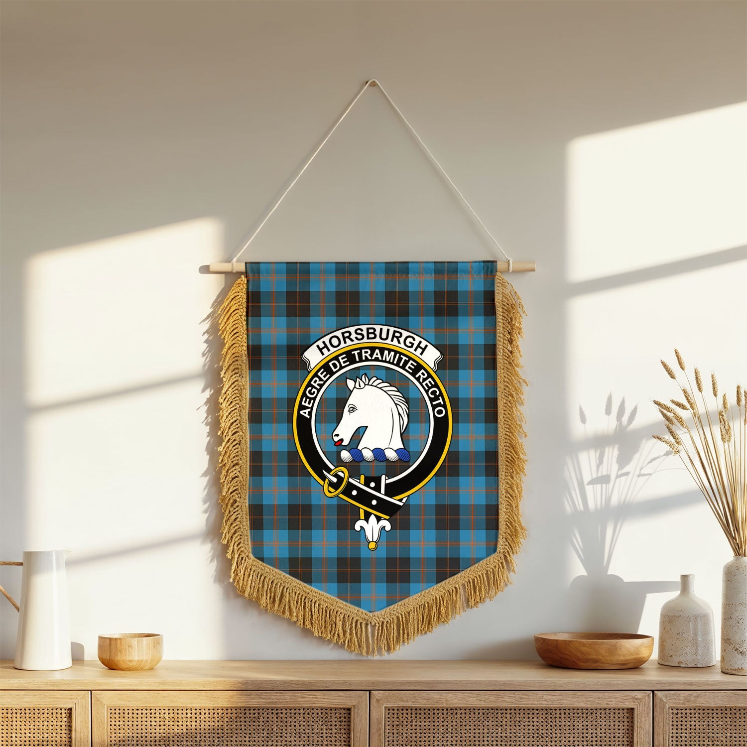 Horsburgh Tartan Crest Wall Hanging Banner - Wood Pole