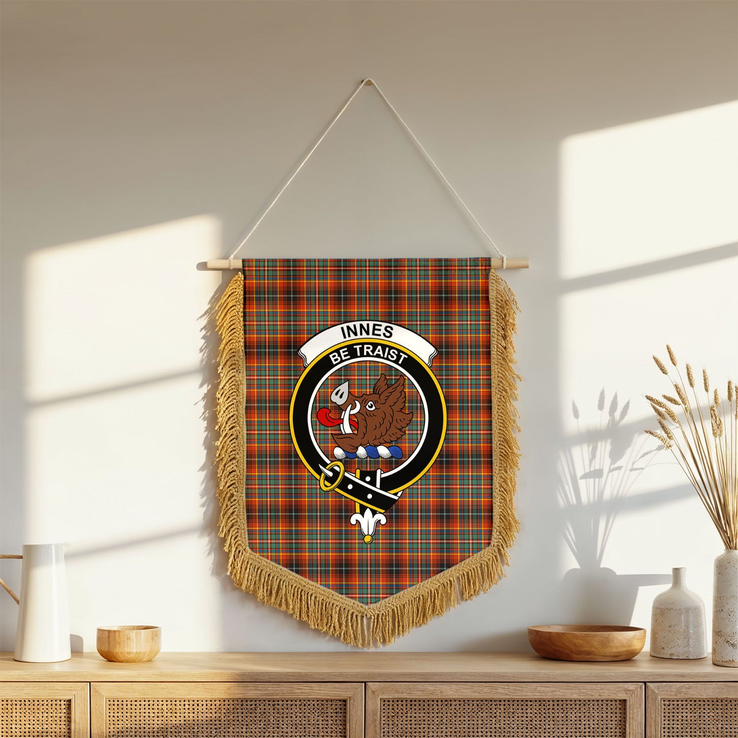 Innes Ancient Tartan Crest Wall Hanging Banner - Wood Pole