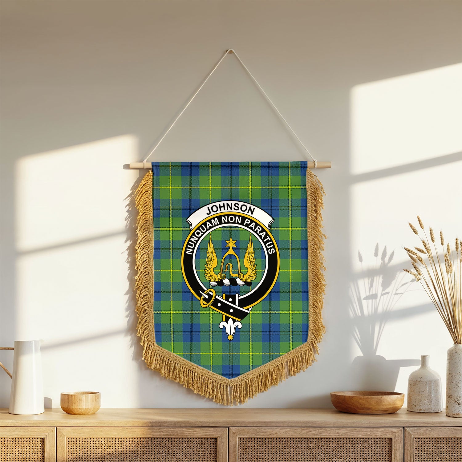 Johnson Ancient Tartan Crest Wall Hanging Banner - Wood Pole