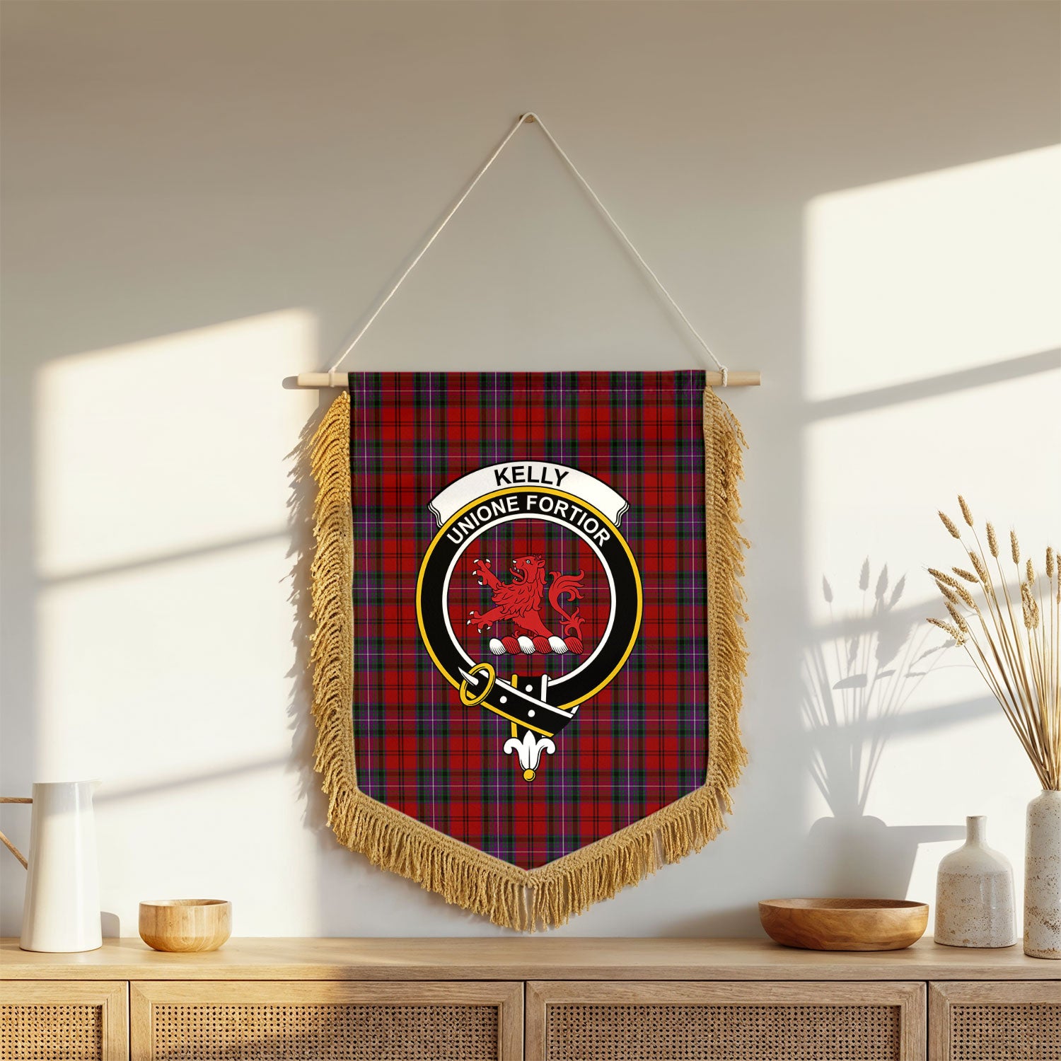Kelly of Sleat Red Tartan Crest Wall Hanging Banner - Wood Pole