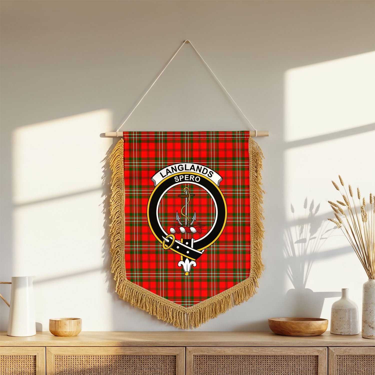 Langlands Tartan Crest Wall Hanging Banner - Wood Pole