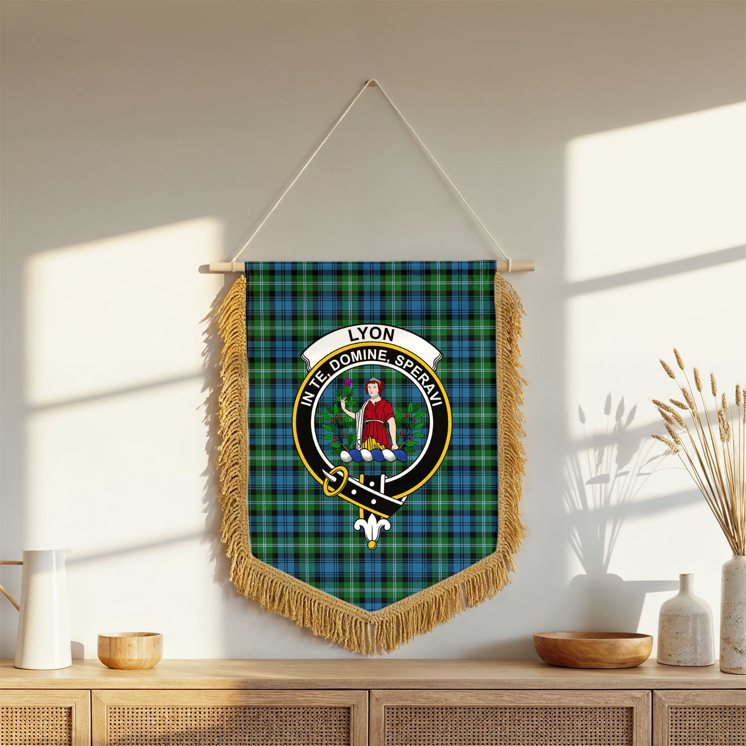 Lyon Tartan Crest Wall Hanging Banner - Wood Pole