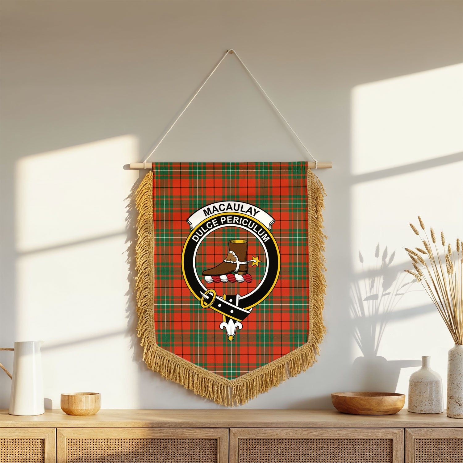 MacAulay Ancient Tartan Crest Wall Hanging Banner - Wood Pole