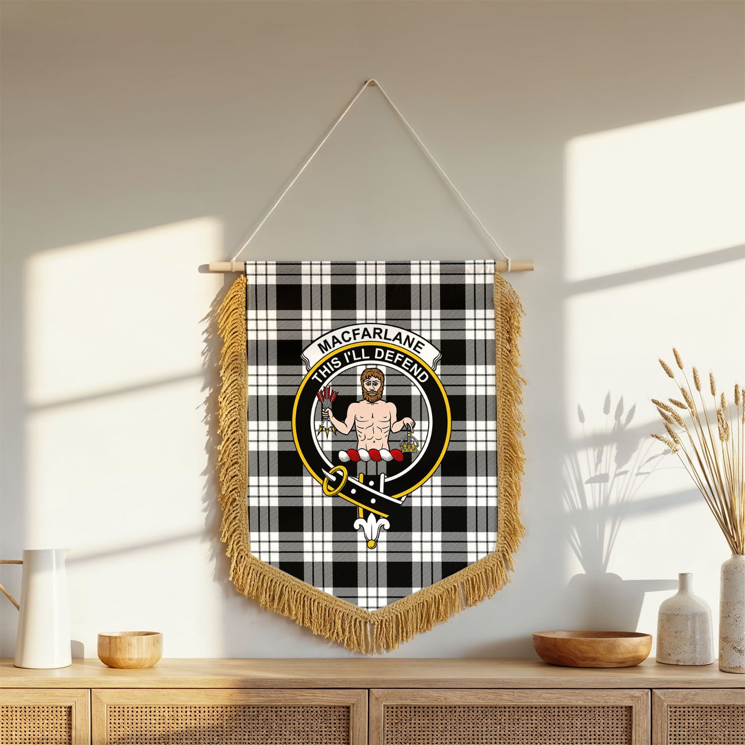 MacFarlane Black - White Tartan Crest Wall Hanging Banner - Wood Pole