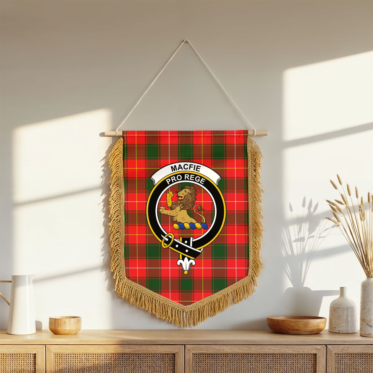 MacFie Tartan Crest Wall Hanging Banner - Wood Pole