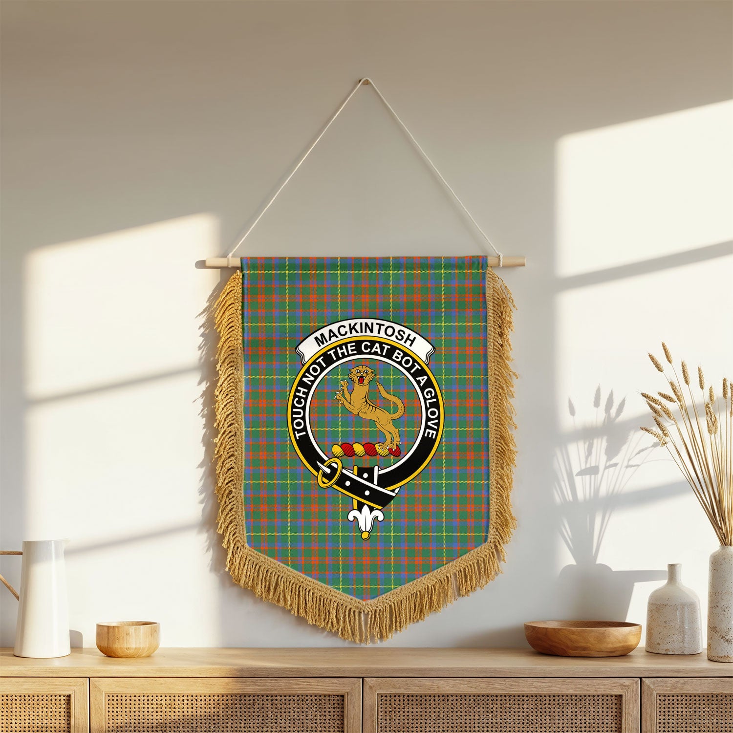 MacKintosh Hunting Ancient Tartan Crest Wall Hanging Banner - Wood Pole