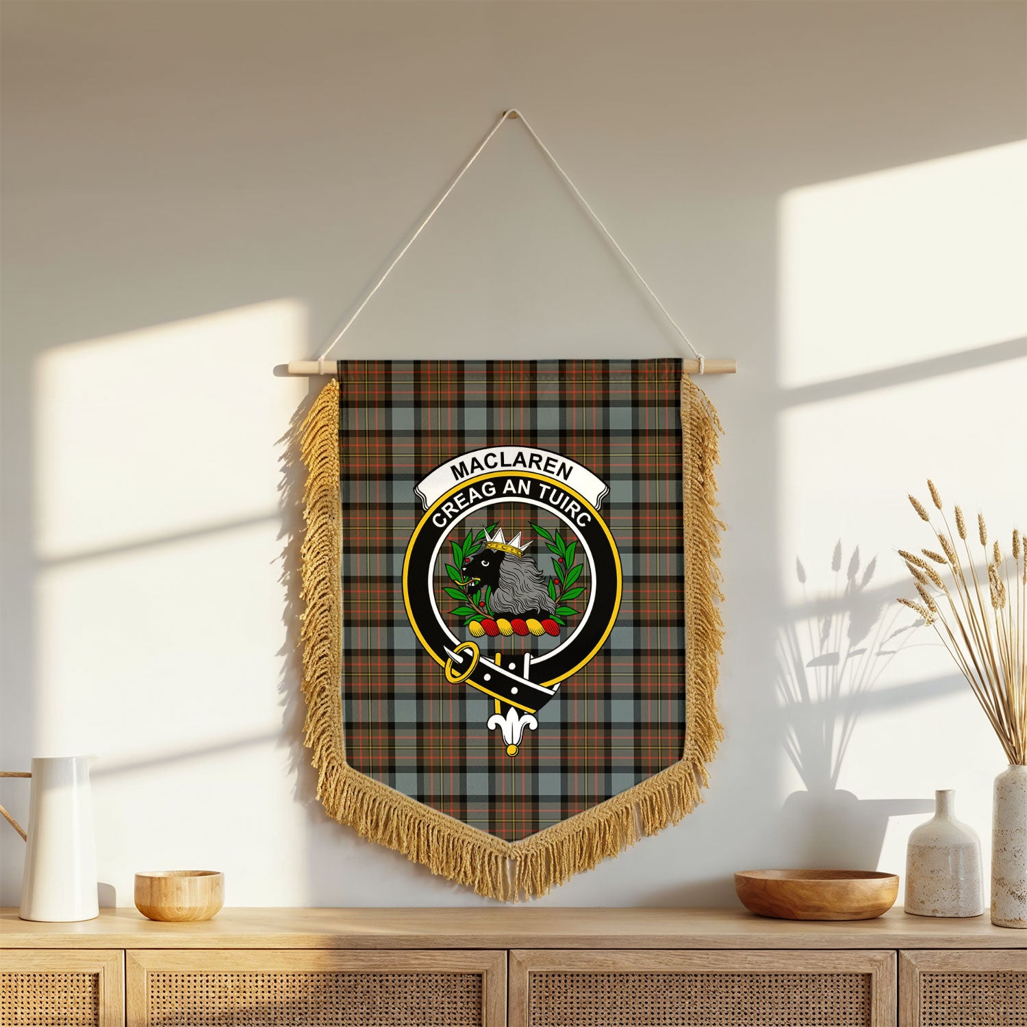 MacLaren Weathered Tartan Crest Wall Hanging Banner - Wood Pole
