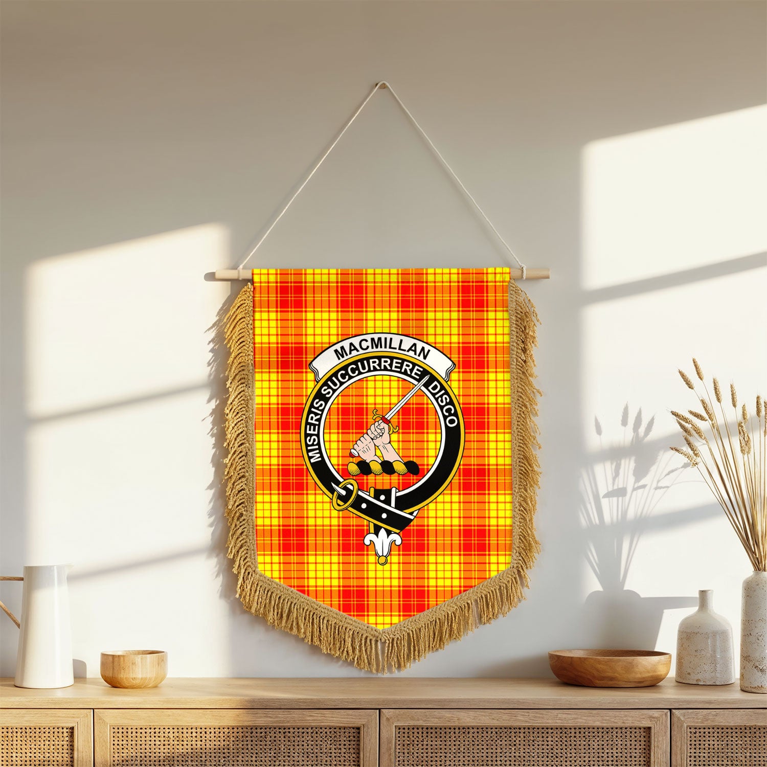 MacMillan Clan Tartan Crest Wall Hanging Banner - Wood Pole
