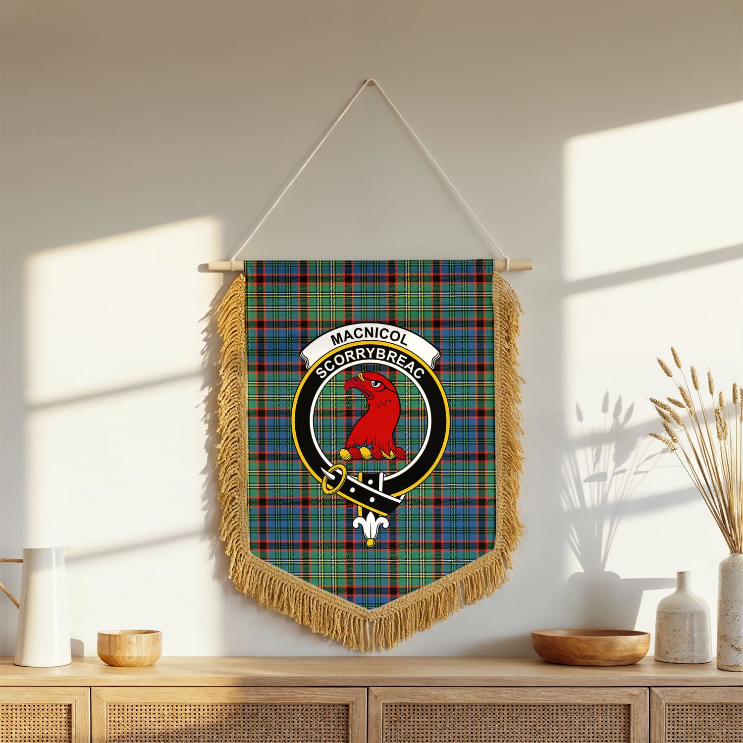 MacNicol Hunting Ancient Tartan Crest Wall Hanging Banner - Wood Pole