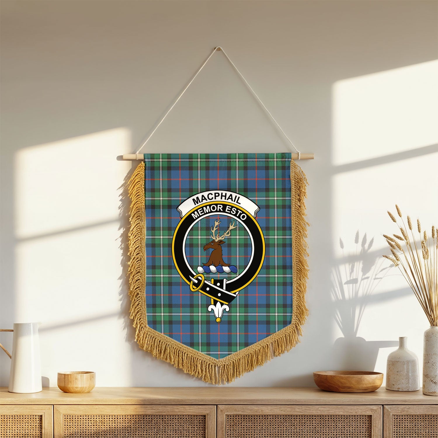 MacPhail Hunting Ancient Tartan Crest Wall Hanging Banner - Wood Pole