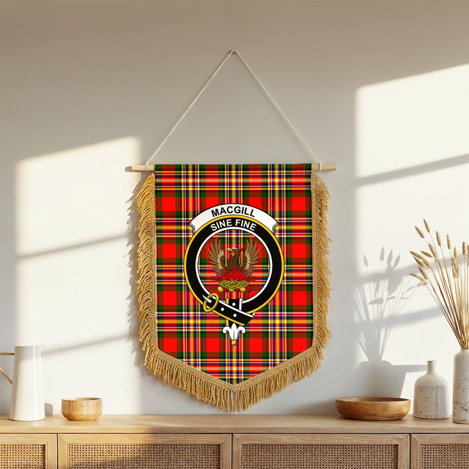 Makgill Tartan Crest Wall Hanging Banner - Wood Pole