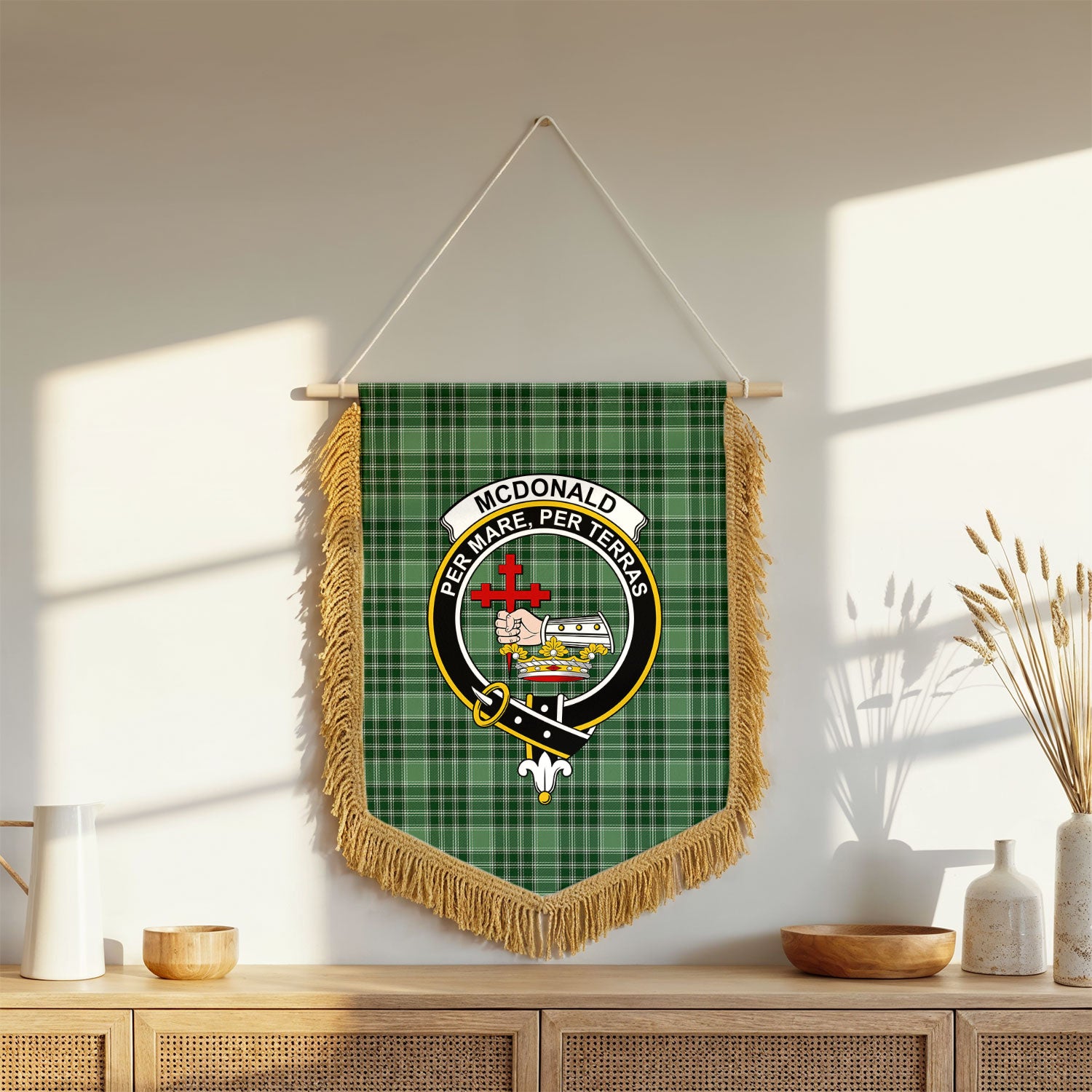 McDonald Lord of the Isles Hunting Tartan Crest Wall Hanging Banner - Wood Pole