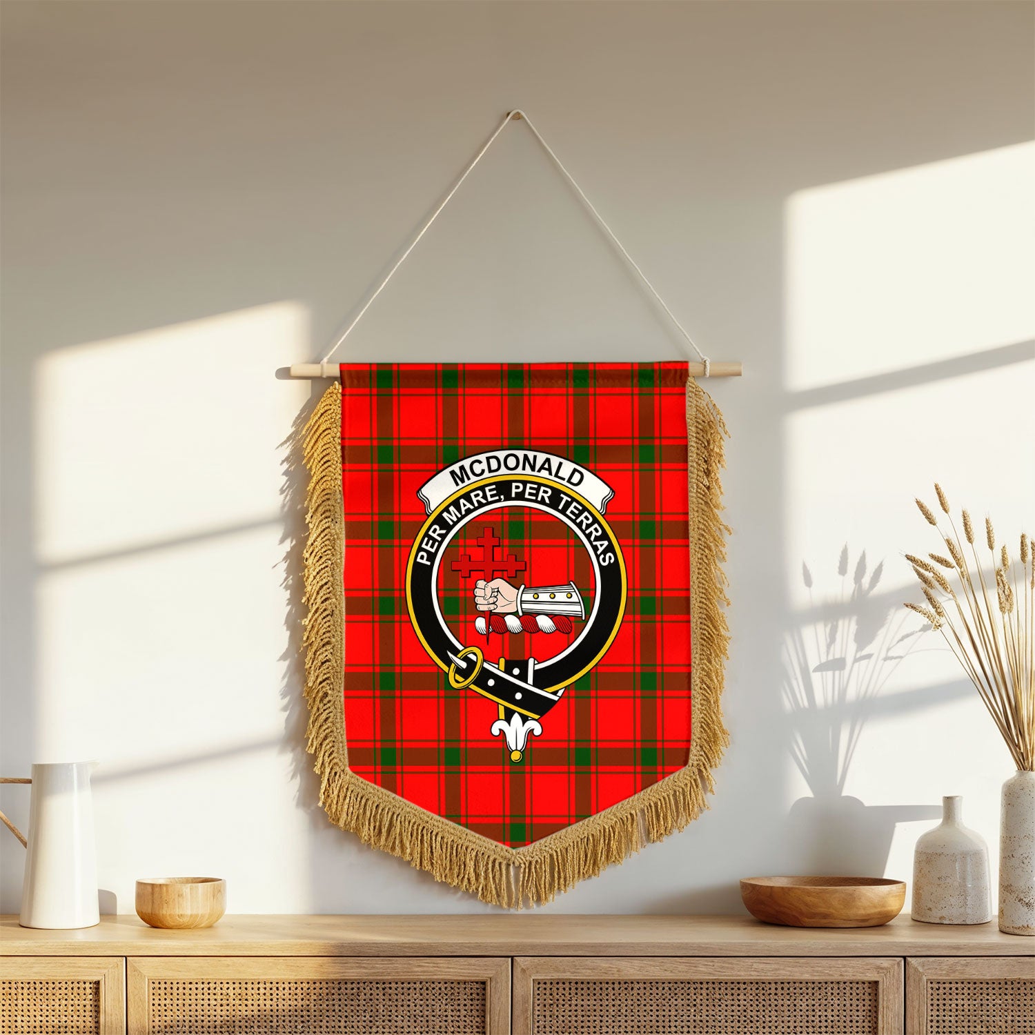 McDonald of Sleat Tartan Crest Wall Hanging Banner - Wood Pole