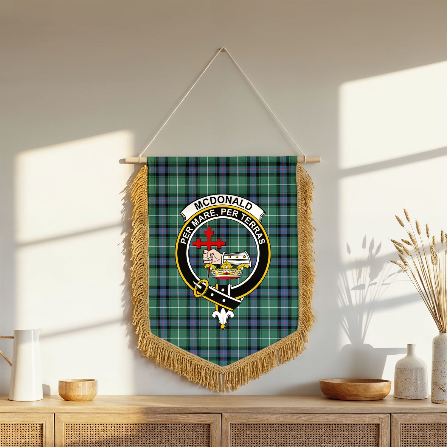 McDonald of the Isles Hunting Ancient Tartan Crest Wall Hanging Banner - Wood Pole