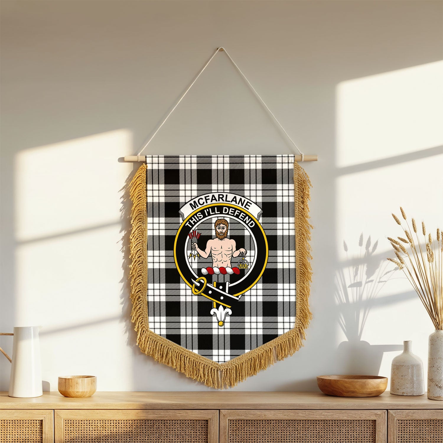 McFarlane Black - White Tartan Crest Wall Hanging Banner - Wood Pole