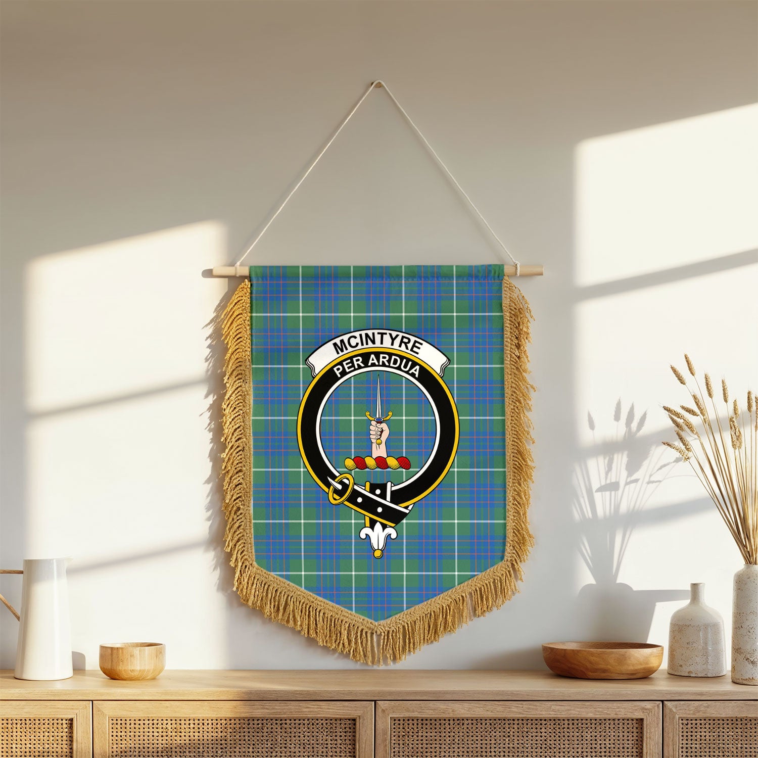 McIntyre Hunting Ancient Tartan Crest Wall Hanging Banner - Wood Pole