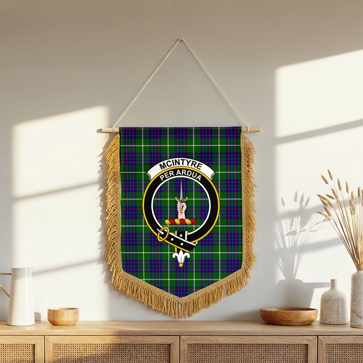 McIntyre Hunting Modern Tartan Crest Wall Hanging Banner - Wood Pole